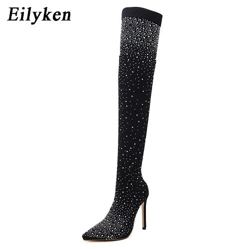 Eilyken 2022 Fashion Runway Crystal Stretch Fabric Sock Boots Pointy Toe Over-the-Knee Heel Thigh High Pointed Toe Woman Boot