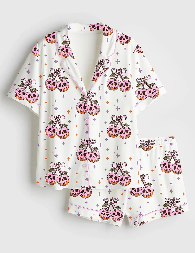 Women&rsquo;s Halloween Retro Spooky season Cherry Bow Spooky Witchy Skeleton Print Short Sleeve Satin Pajama Set