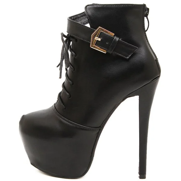 Black Platform Stiletto Ankle Booties with Lace-up Vdcoo