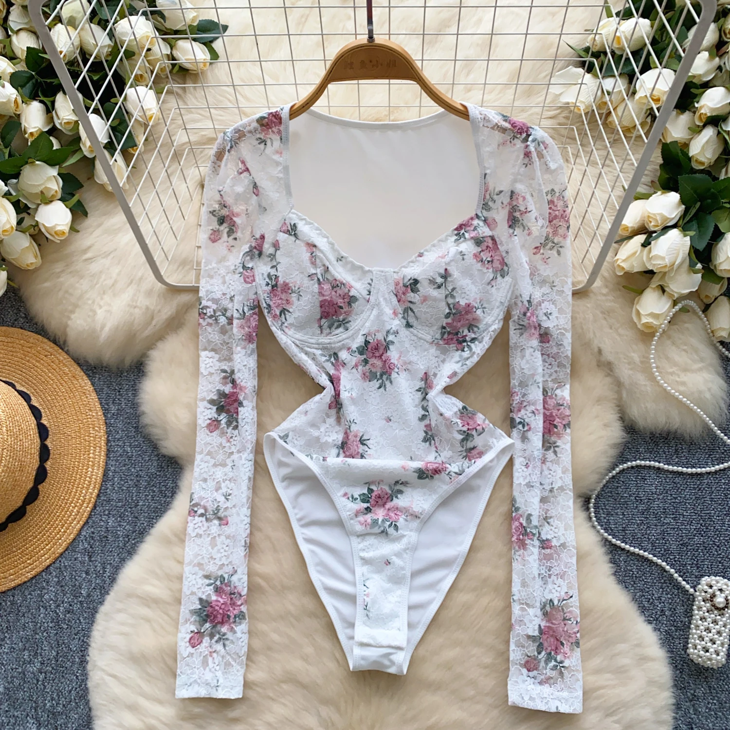 Kolocellius Foamlina American Ins Pure Lust Spice Girls Lace Jumpsuit Women's Autumn Sexy Inner Slim Skinny Long Sleeve T-Shirt Top Bodysuit
