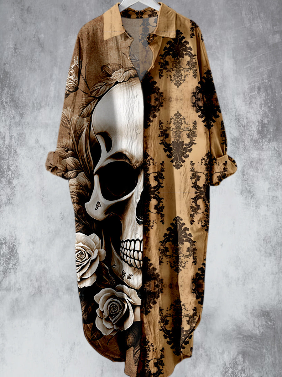 Punk Floral Skull Printed V-Neck Lapel Button Loose Vintage Midi Shirt Dress