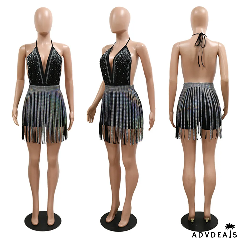 Hot Drilling V Neck Halter Romper+Tassel Skirt 2 Piece Sets