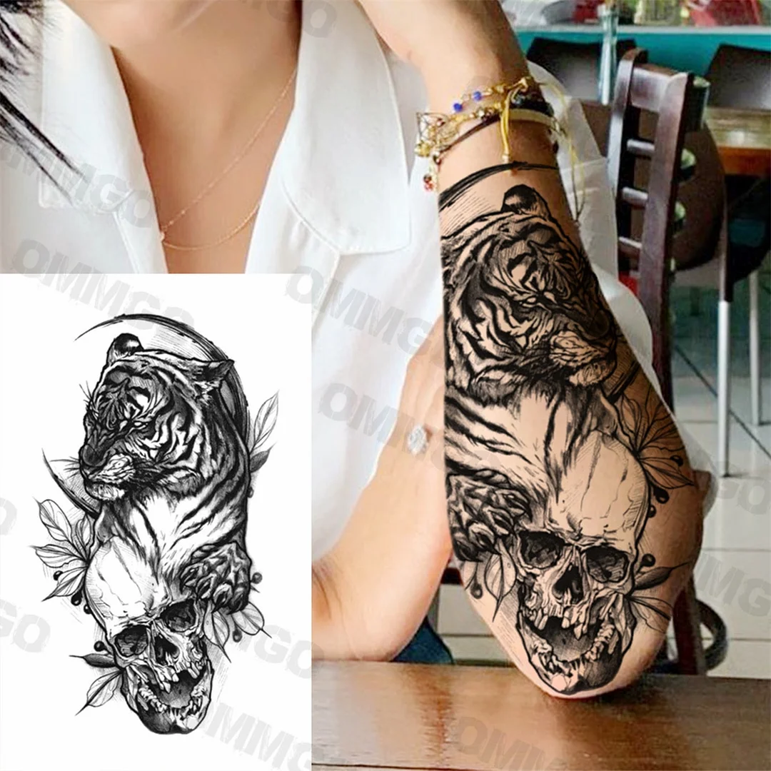 Sdrawing Rose Flower Skeleton Temporary Tattoos For Women Adult Girl Lion Tiger Crown Fake Tattoo Body Art Painting Tatoo Decal