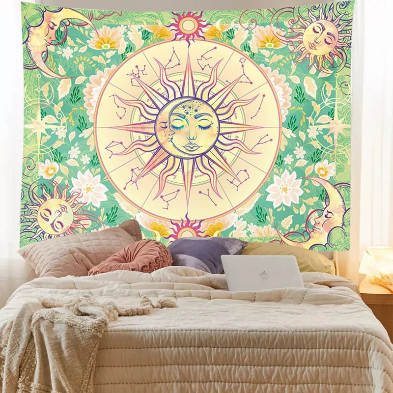 Tarot Divination Wall Tapestry Art Deco Blanket Curtain Hanging Bedroom Living Room Decoration Mysterious Bohemian Sun Moon Face
