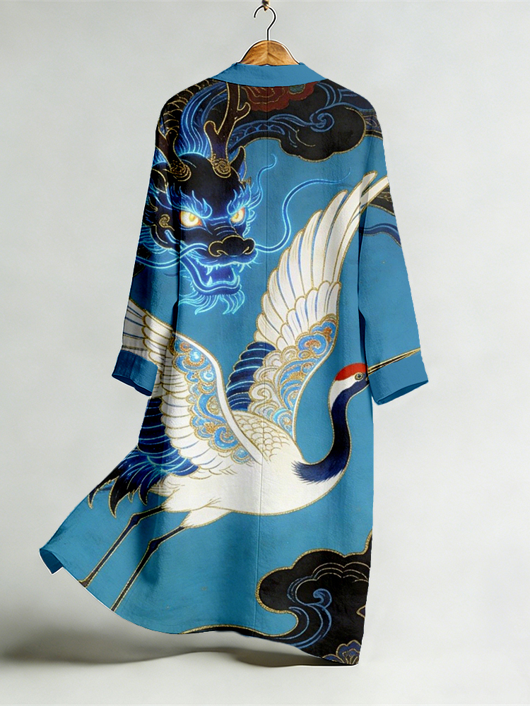 Vintage Dragon & Crane Art Flowy Linen Long Kimono Cardigan  artssus