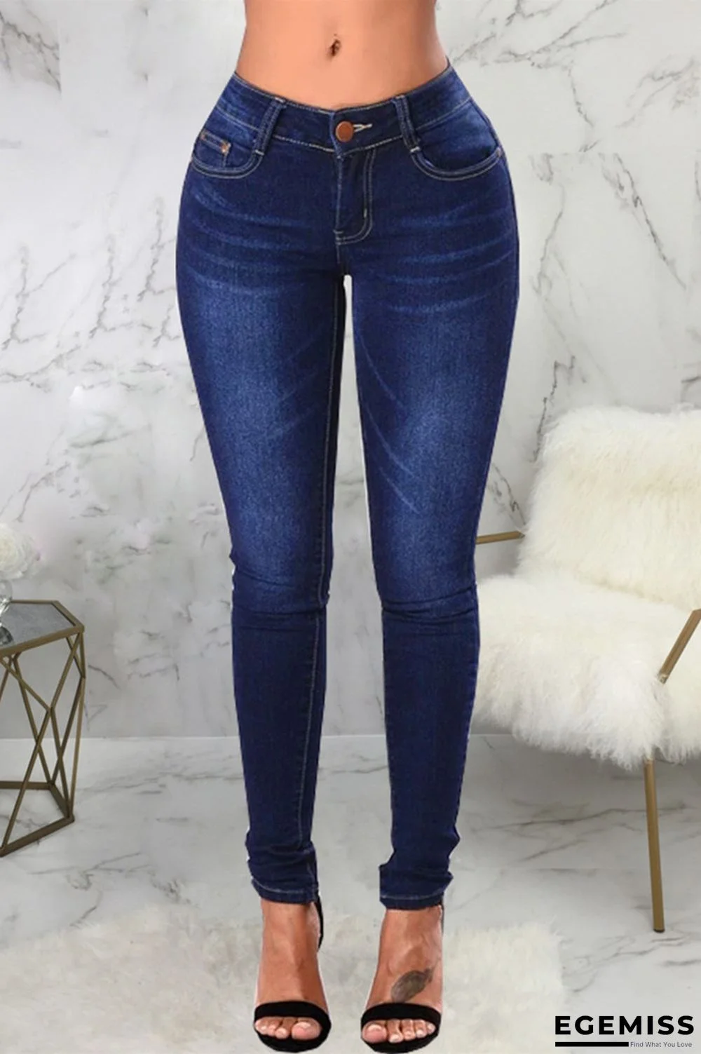 Dark Blue Fashion Casual Solid Basic High Waist Skinny Denim Jeans | EGEMISS