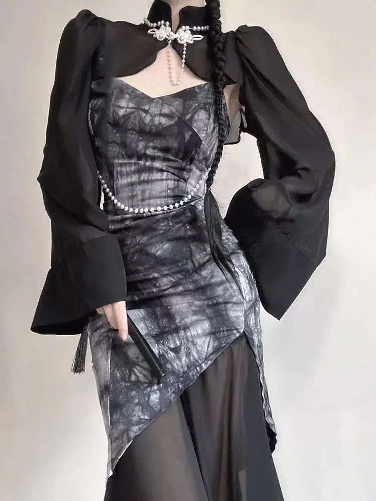 Aiertu Summer Vintage Black 2 Piece Dress Set Women Turtleneck Y2k Crop Tops Even Party Strap Midi Dress Slim Fashion Suit Chic Aiertu