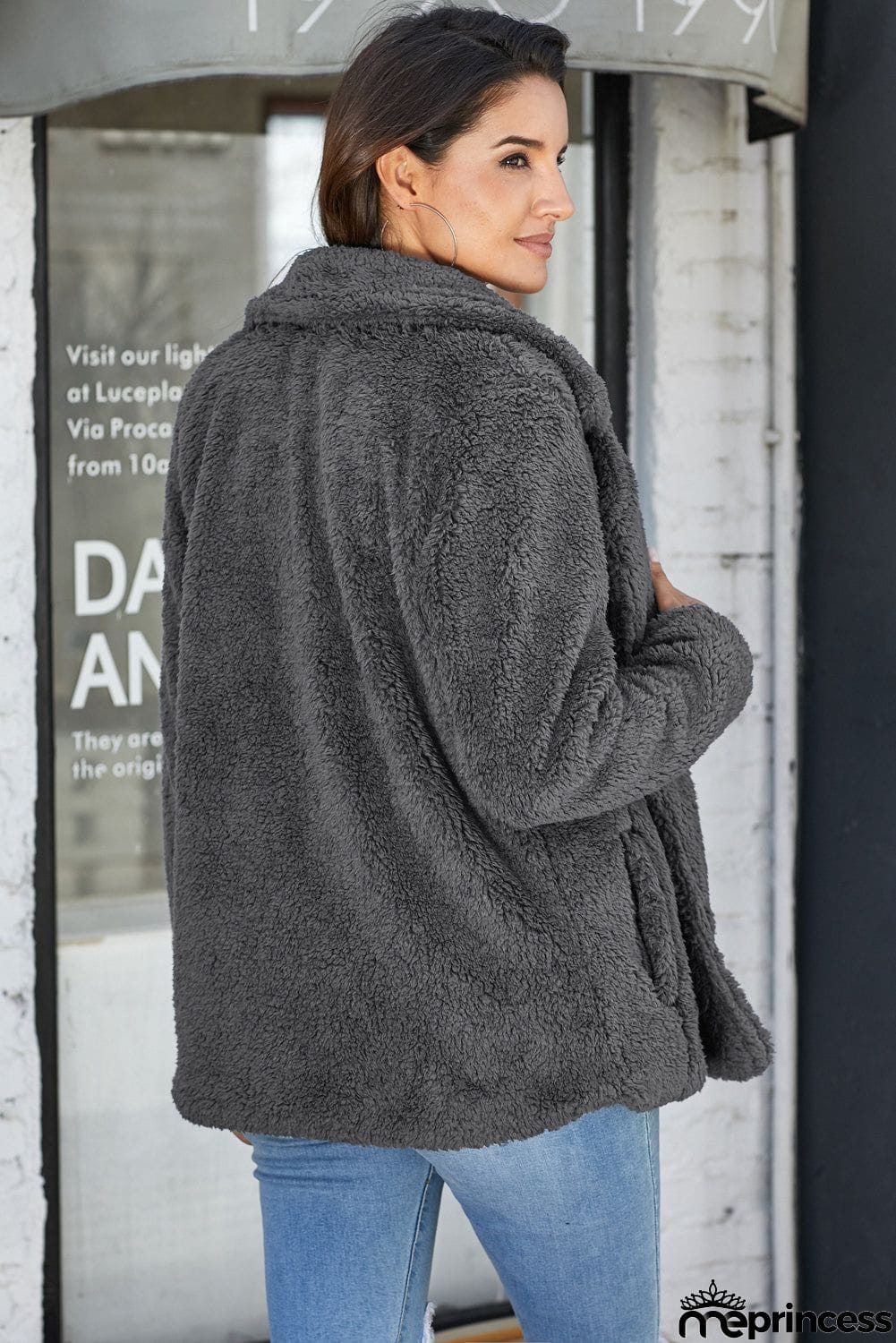 Winter Charcoal Fleece Open Front Coat With Pockets