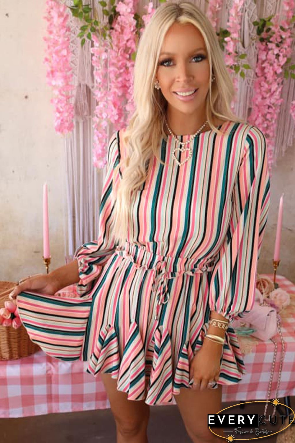 Striped Print Ruffled Lace-up High Waist Mini Dress