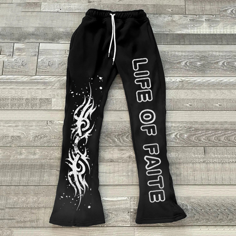 Artistic Vintage LIFE OF FAITH Print Stylish Casual Flared Sweats Trousers