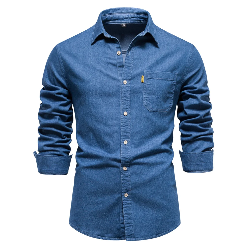 Men's Casual Solid Color Long-sleeved Denim Shirt