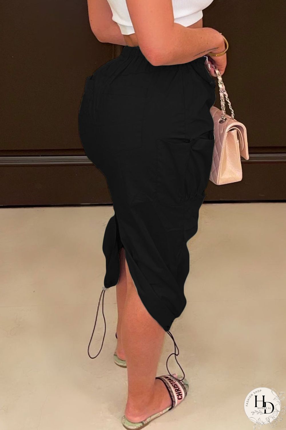 Black Casual Solid Patchwork Pocket High Waist Pencil Solid Color Bottoms