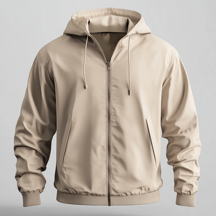 Men's Solid Long Sleeve Slant Pocket Windproof Drawstring Hooded Jacket