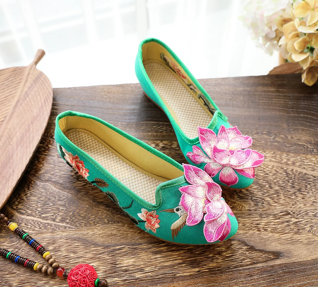 Colourp Colourp Shoes Single Shoes Three-Dimensional Embroidered Lotus Embroidered Cloth Shoes Low Heel Spring And Autumn Women's Shoes One Foot Pedal