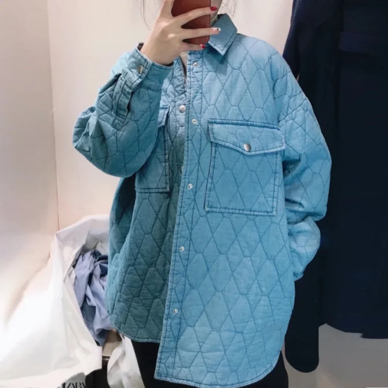 2021 New Autumn Winter Women Coat  Oversize Vintage Blue Parka Coat Casual Pockets Warm Loose Cotton Denim Outwear