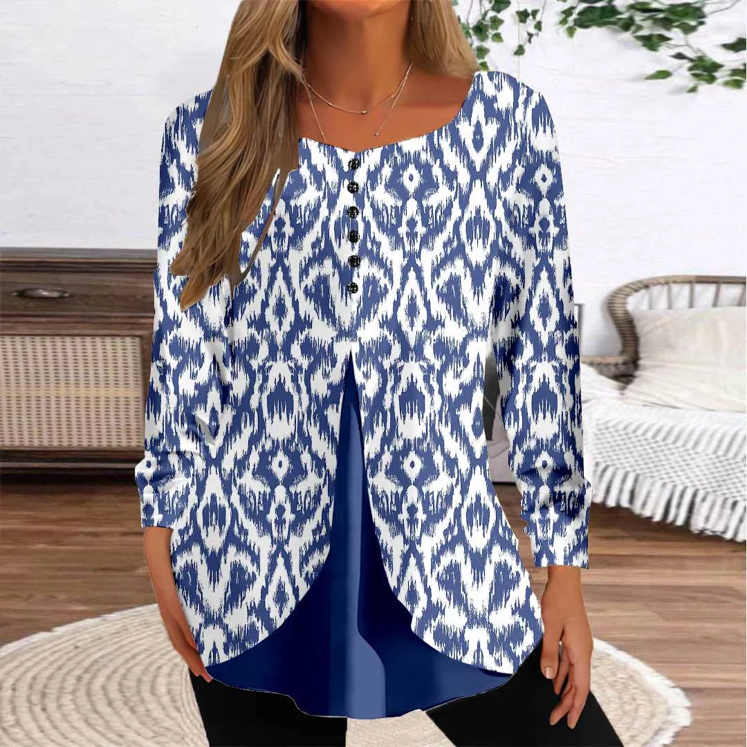 Women Graphic,Blue DZGG8281 Long Sleeve Scoop Neck Printed Graphic Button Fake 2in1 Tops
