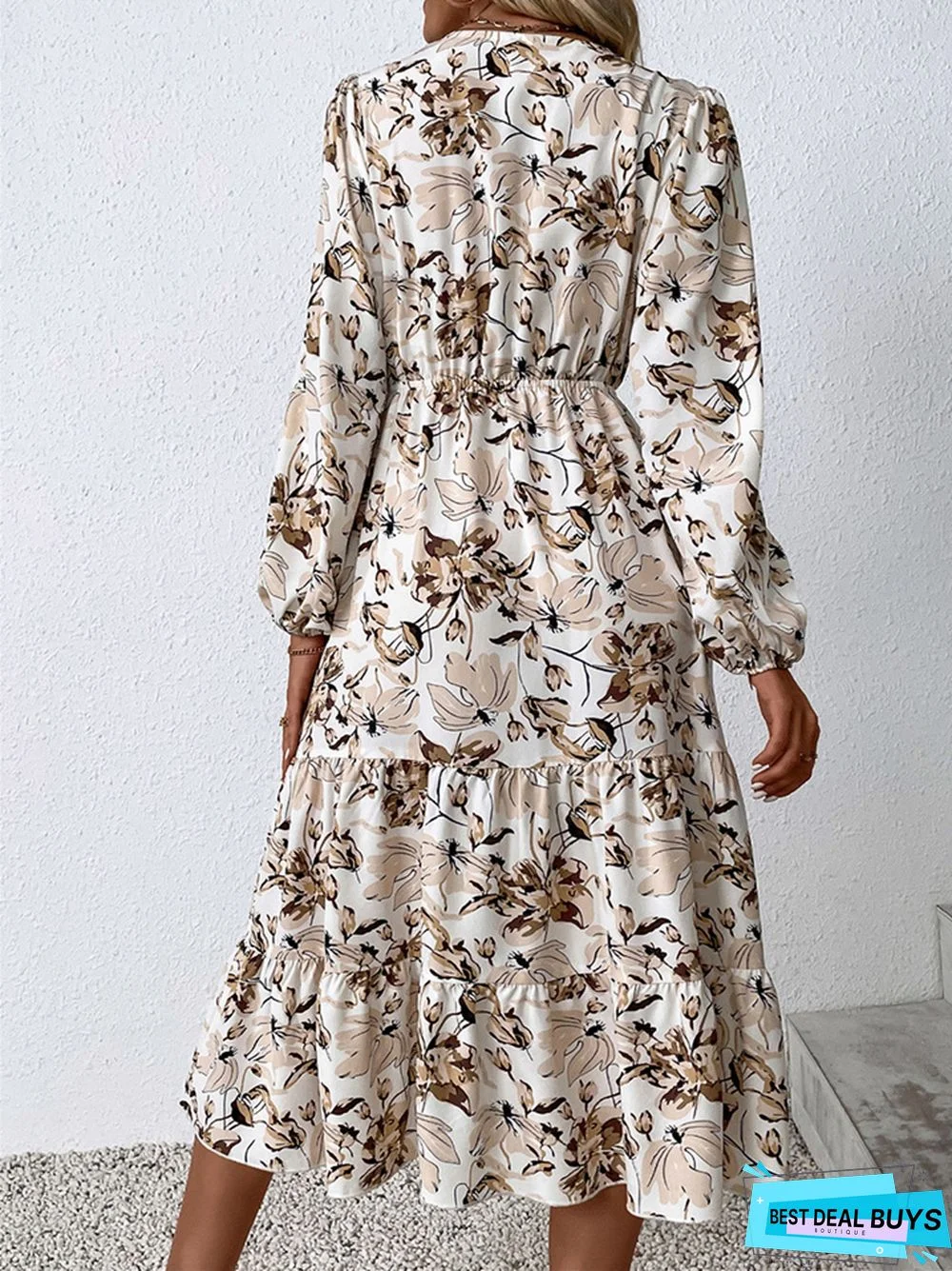 V-Neck Bubble Sleeve Printed Women's Long Sleeve Big Hem Medium Long Dress