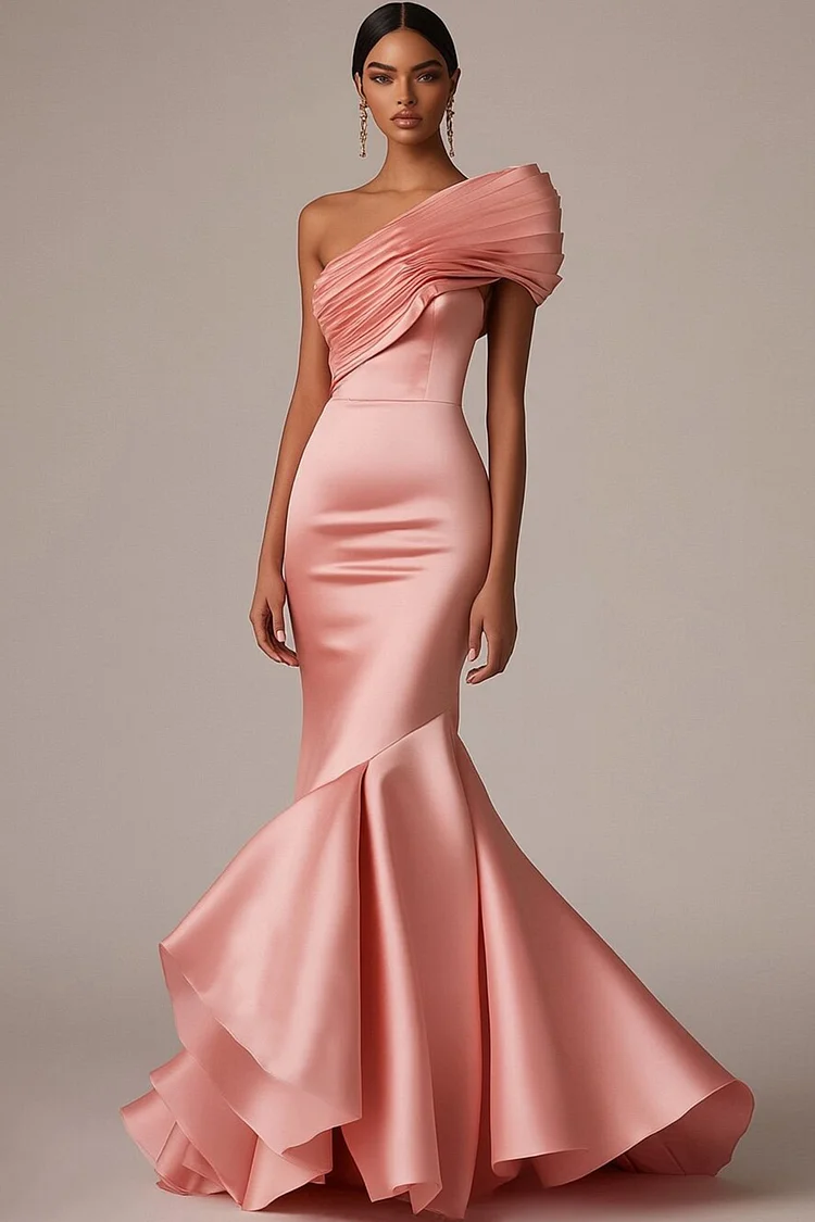 Pleated One Shoulder Layered Fishtail Maxi Dress-Pink [Custom-Made]