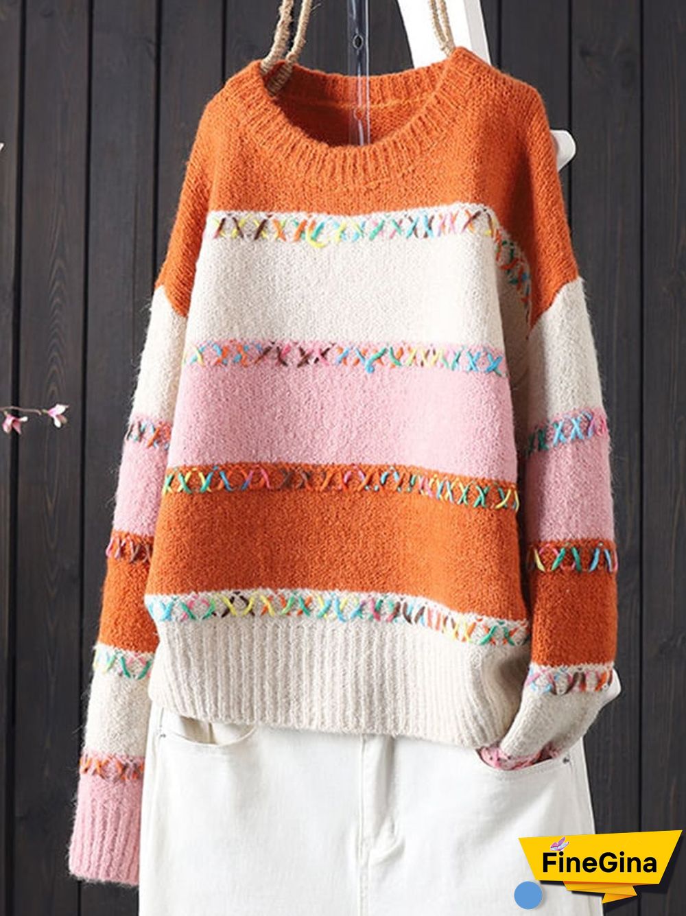 Women's Fashionable Lazy Style Handmade Thread Contrasting Round Neck Knitted Cardigan