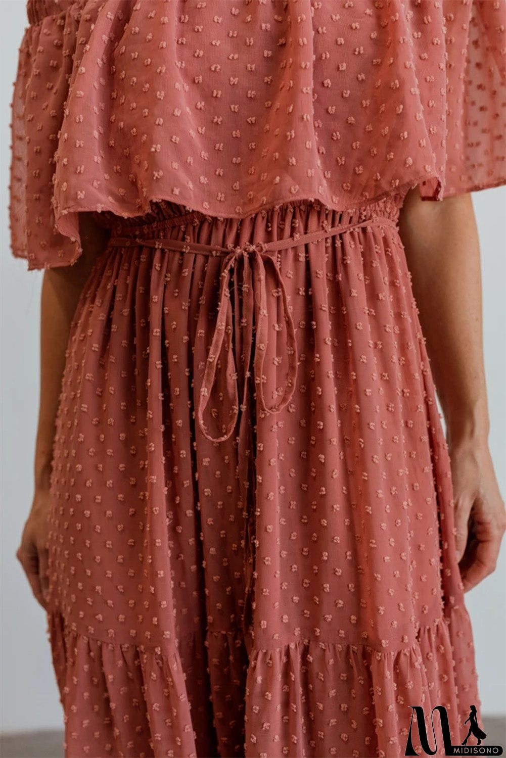MidiSono - Rust Red Off Shoulder Ruffle Swiss Dot Maxi Dress