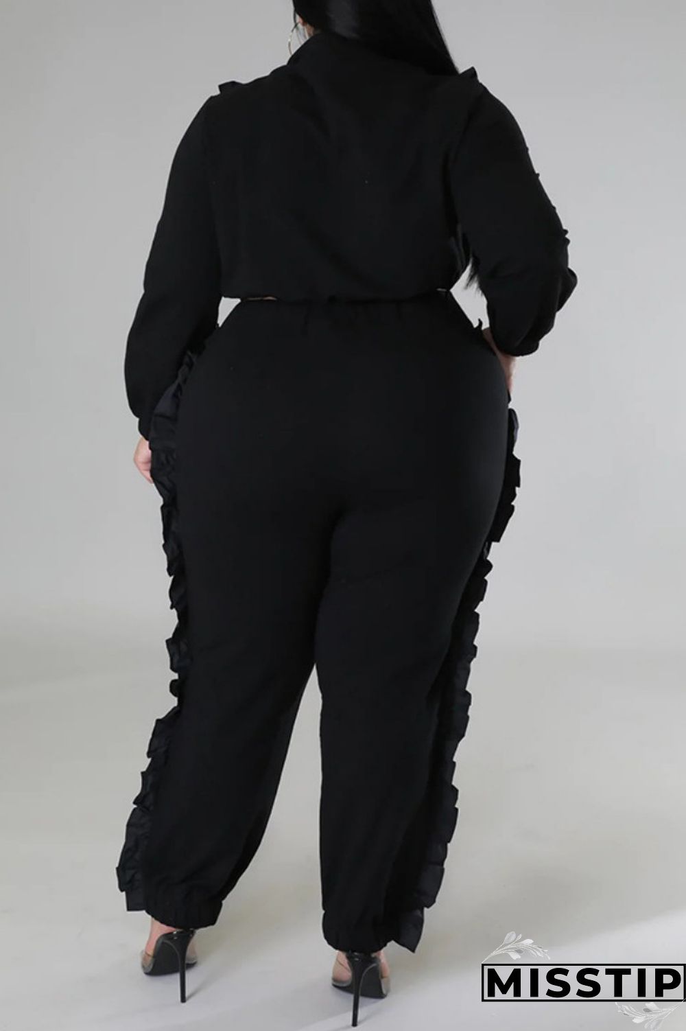 Black Casual Solid Patchwork Zipper Collar Plus Size Two Pieces