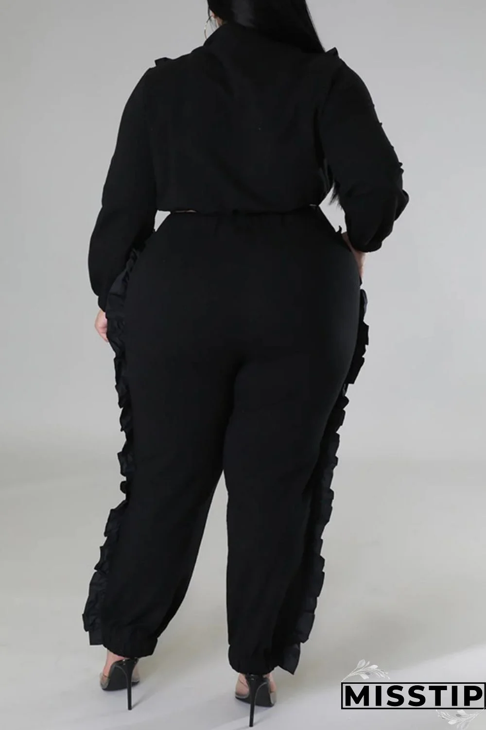 Black Casual Solid Patchwork Zipper Collar Plus Size Two Pieces