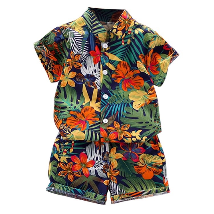 Toddler Boys Clothes Baby Hawaiian Outfits Summer Kids Short Sleeve leaf Floral Flower Shirt with Shorts Suit, Green Flower