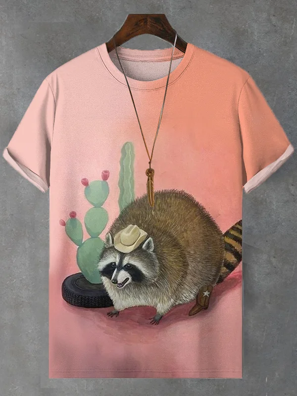 Men's Funny Western Screaming Raccoon Print T-Shirt