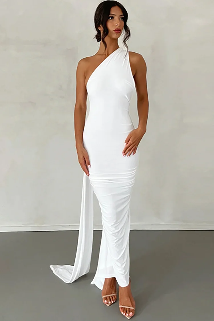 One Shoulder Sleeveless Sash Ring Decor Ruched Backless Elegant Evening Gown White Maxi Dresses