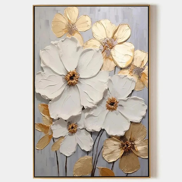 GOLDEN WHISPERS: Textured Floral Painting, Gold and White Wall Art, Vertical Canvas, Impasto Decor（Canvas painting）