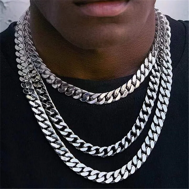 6-14MM 18K White Gold Plated Mens Solid Miami Cuban Link Chain-VESSFUL