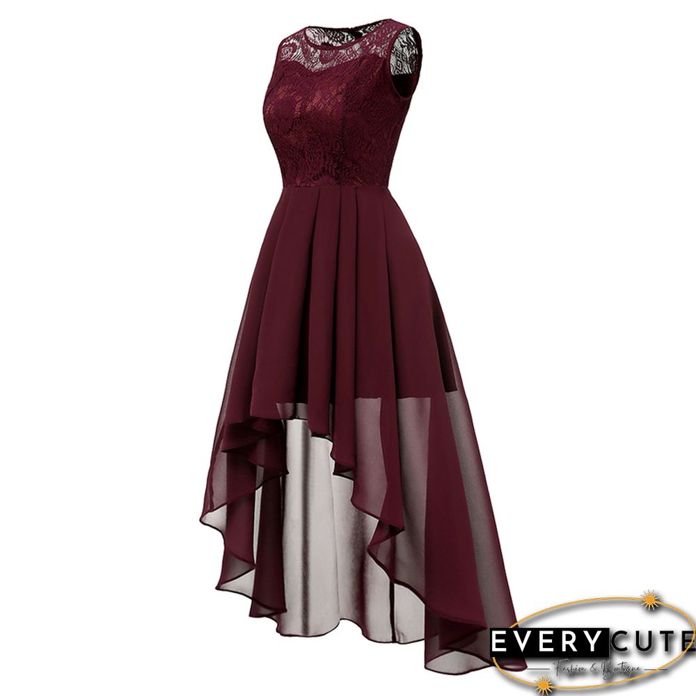 Wine Red Lace Contrast Chiffon Sleeveless Prom Dress