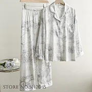 Avatarxai Female 2Pcs Pajamas Set Lounge Wear Gray Print Flower Long Sleeve Trouser Suits Spring Summer Casual Home Clothes Underwear