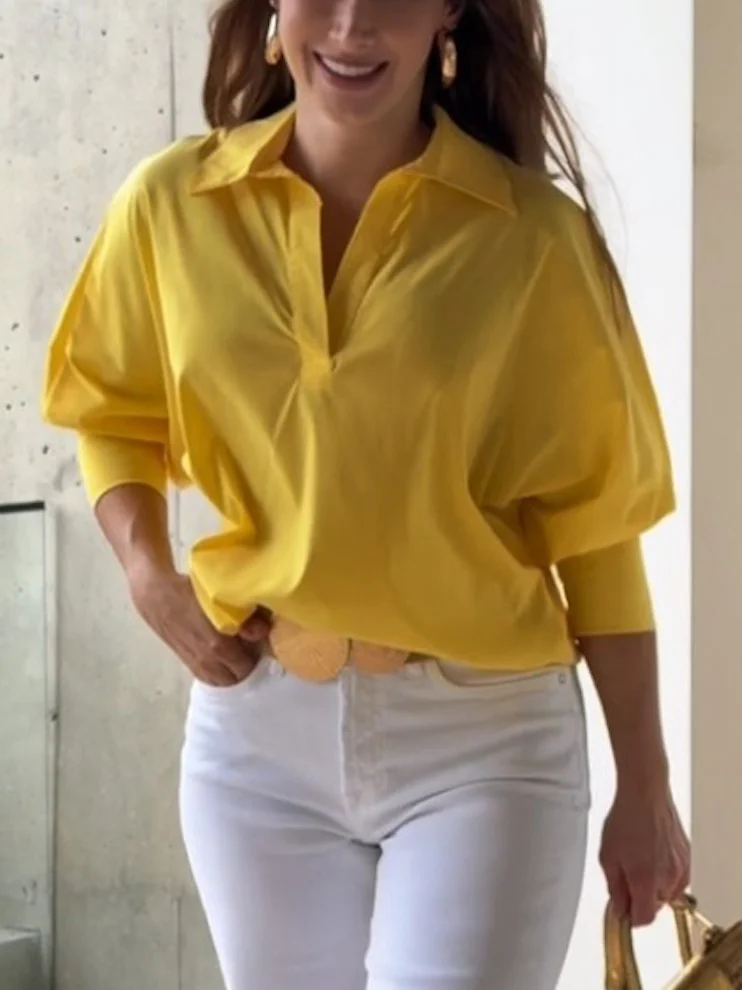 Solid Color Loose Puff Sleeves Lapel Blouses&Shirts Tops