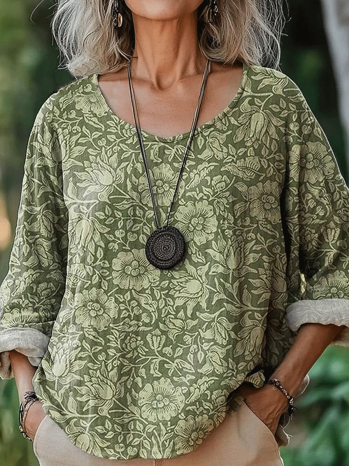 Women's Vintage Lovely Floral Art Print Casual Cotton And Linen Shirt