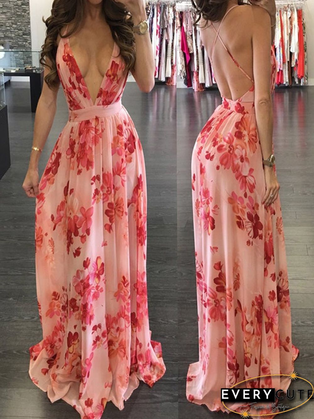 Popular European and American Deep V-neck Open Back Chiffon Dress