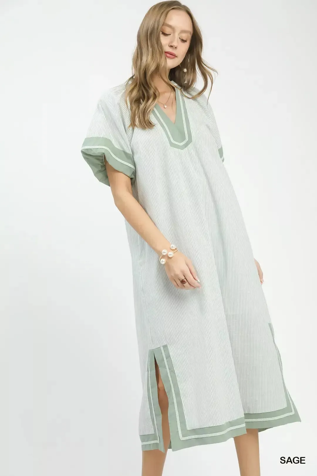 Umgee Pinstripe Contrast Trim Midi Dress mysite idetrend