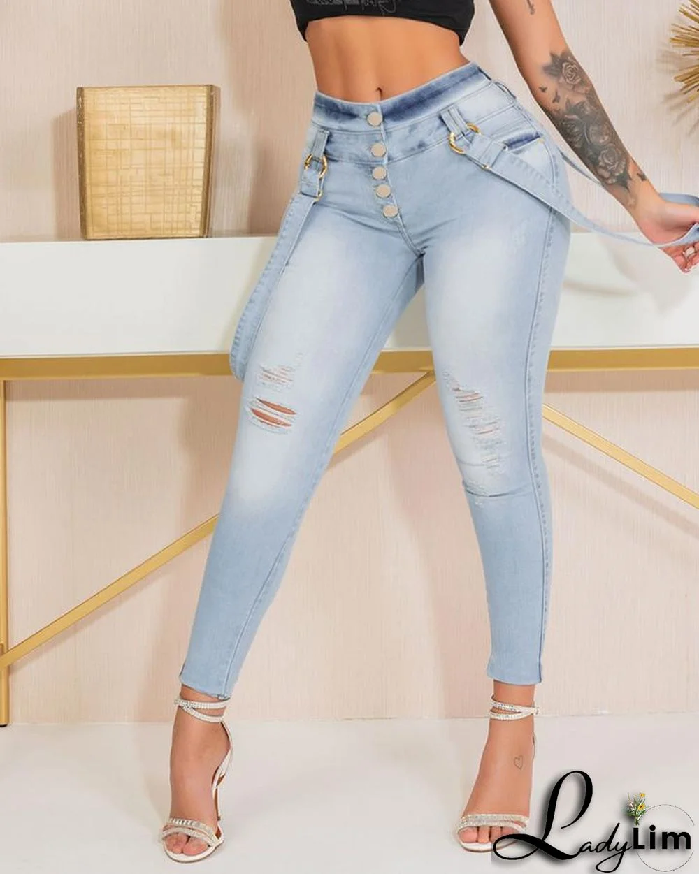 Button Fly Ripped Detail Denim Overalls