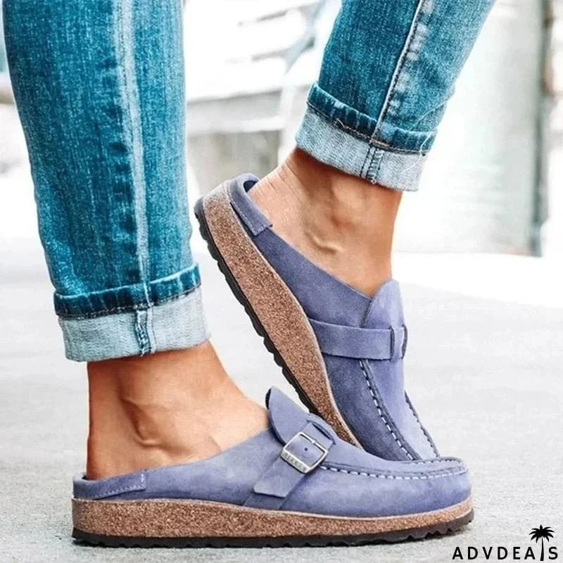 Women’s Casual Round Toe Flat Heel Slip On Backless Loafers