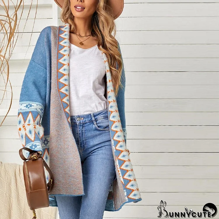 Fresh Print Long Sleeve Blue Cardigan