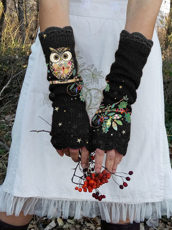 （Ship within 24 hours）Casual owl print warm gloves