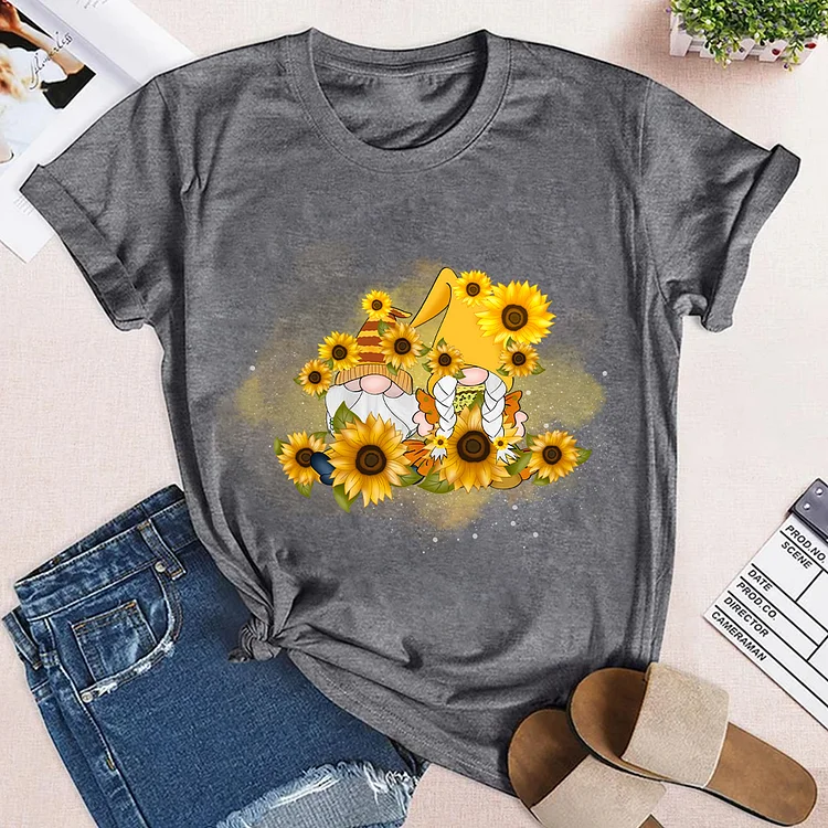 Creative Two Dwarfs and Flowers Theme Neck T-shirt