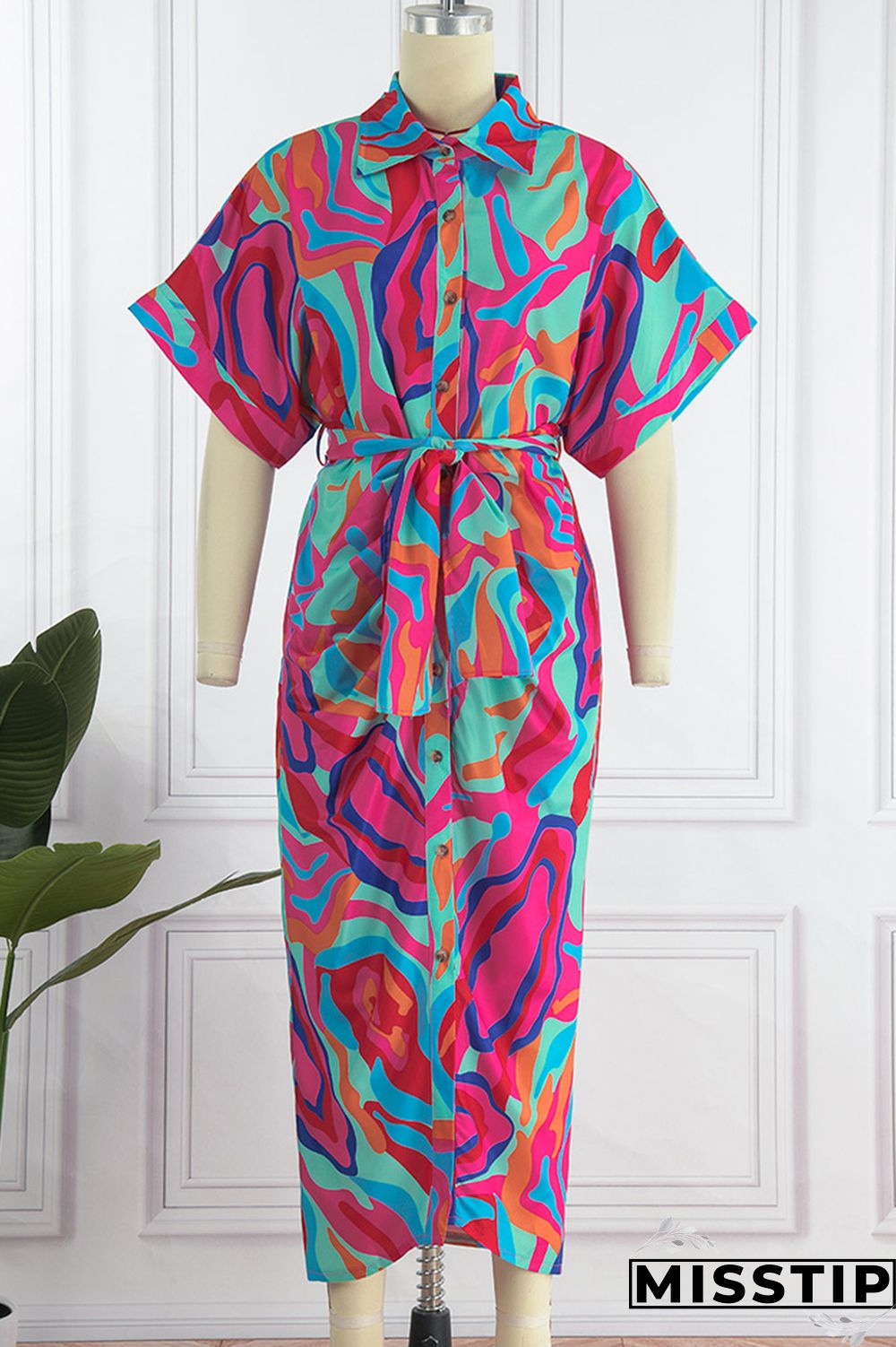 Blue Fashion Casual Print Patchwork Turndown Collar Shirt Dress