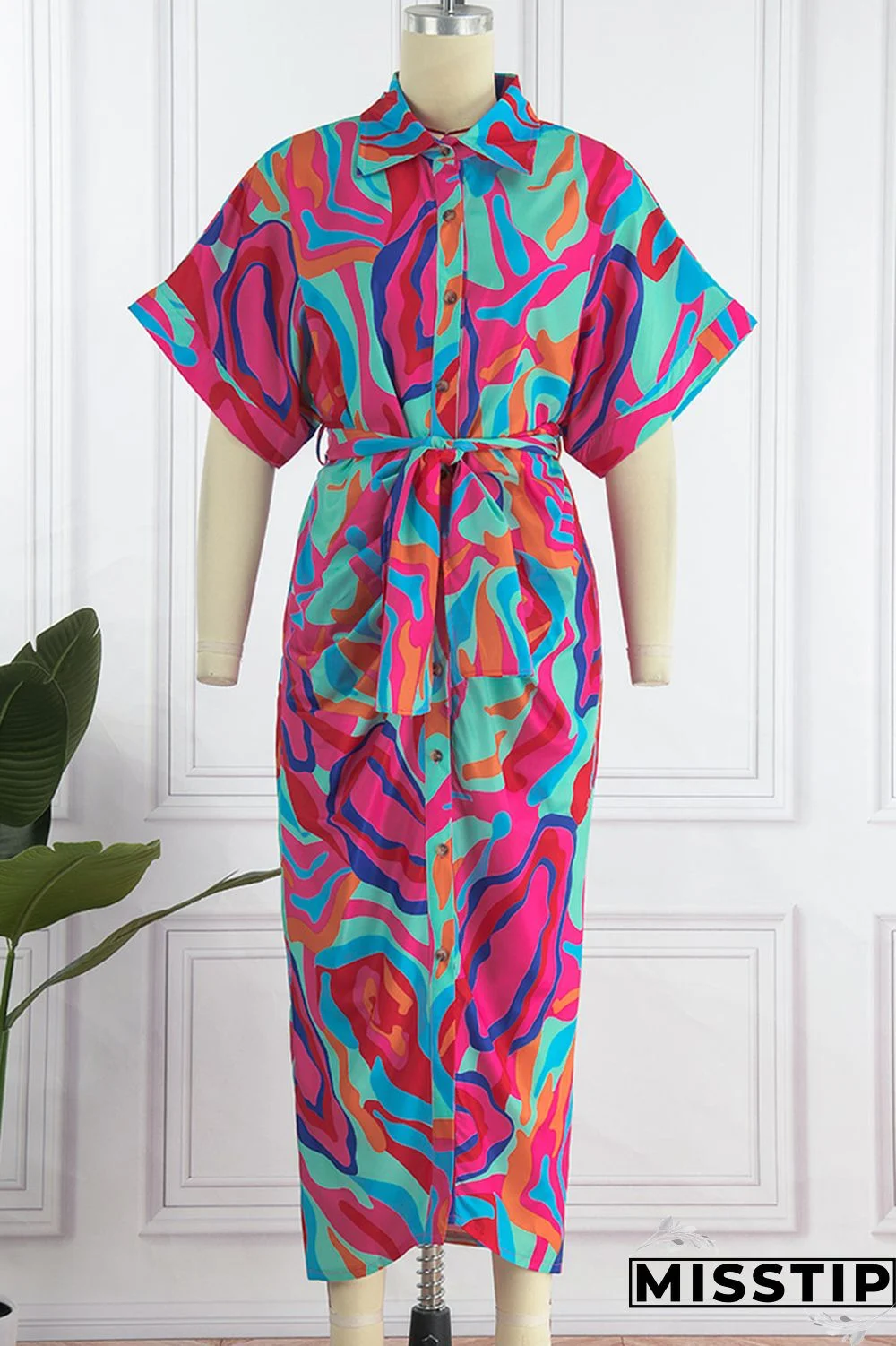 Blue Fashion Casual Print Patchwork Turndown Collar Shirt Dress