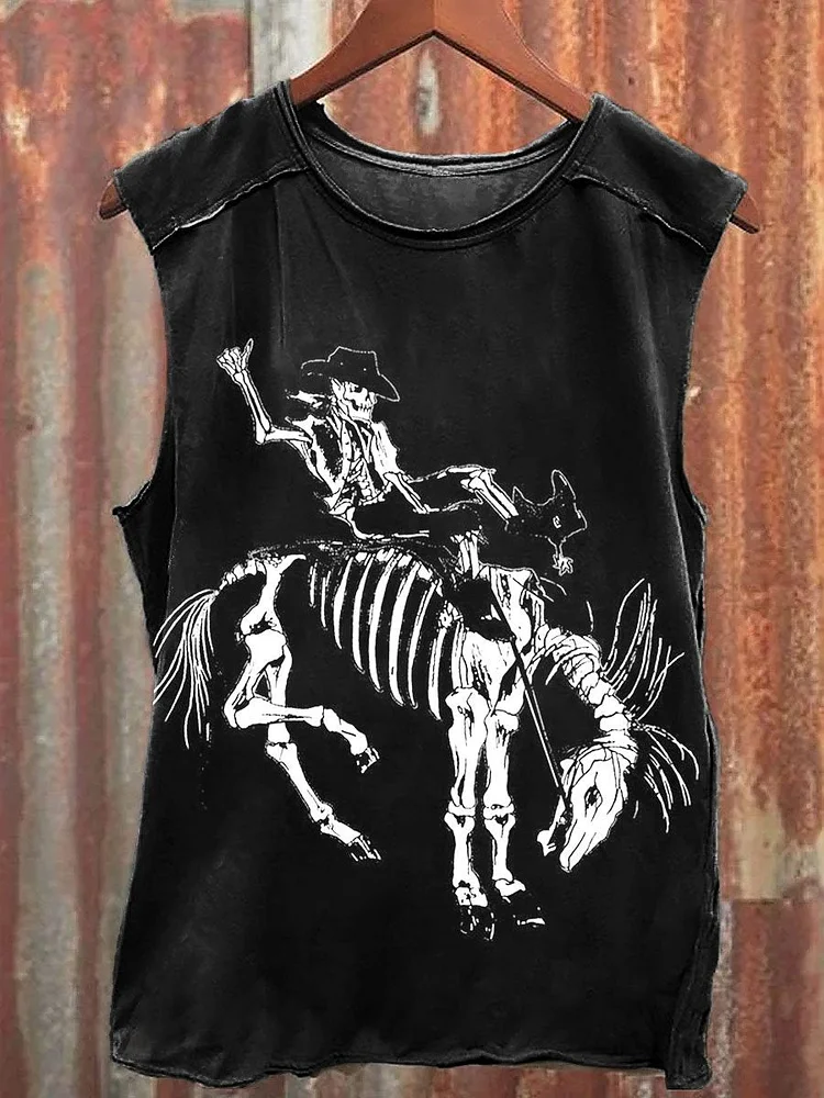 Teecade Teecade Vintage Ghost Skull Cowboy Art Print Casual Tank Top