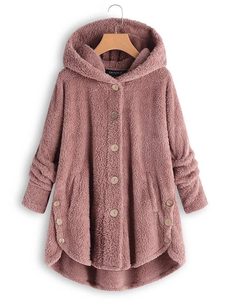 Casual Long Sleeve Solid Button Warm Hooded Coat With Pockets