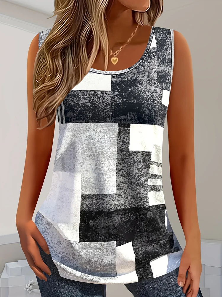 Summer Casual Sleeveless Tank Top | Color Block Geometric Print Round Neck Stretchy Comfort Fit Machine Washable Black White Gray, Women's Tank Tops, Everyday Fashion, Nontransparent Fabric