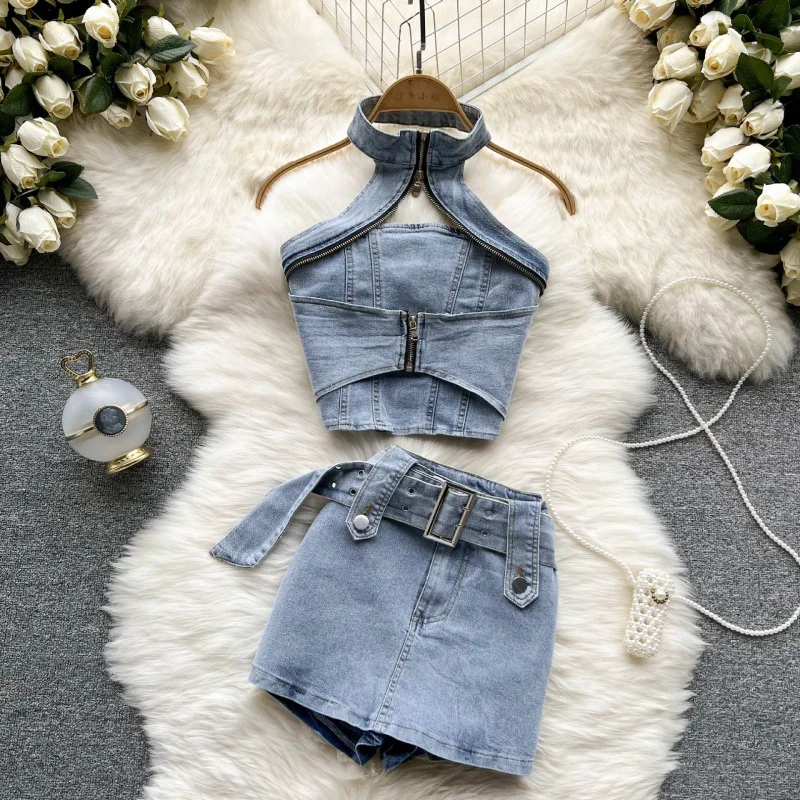 Wongn Wongn Street Hot Girl Denim Suit Female New Summer Vintage Hong Kong Style Hanging Neck Short Top Half Body Short Skirt Two Sets