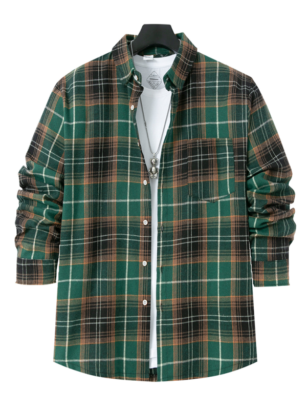 Mature Men Brushed Thin Plaid Long-sleeved Casual Shirt Top