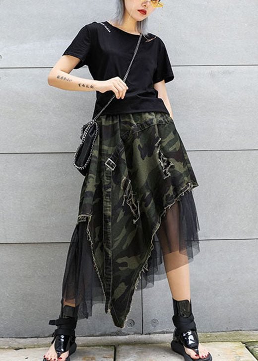 Italian Camouflage High Waist Denim Patchwork Tulle asymmetrical design Fall Skirts CK2218- Fabulory